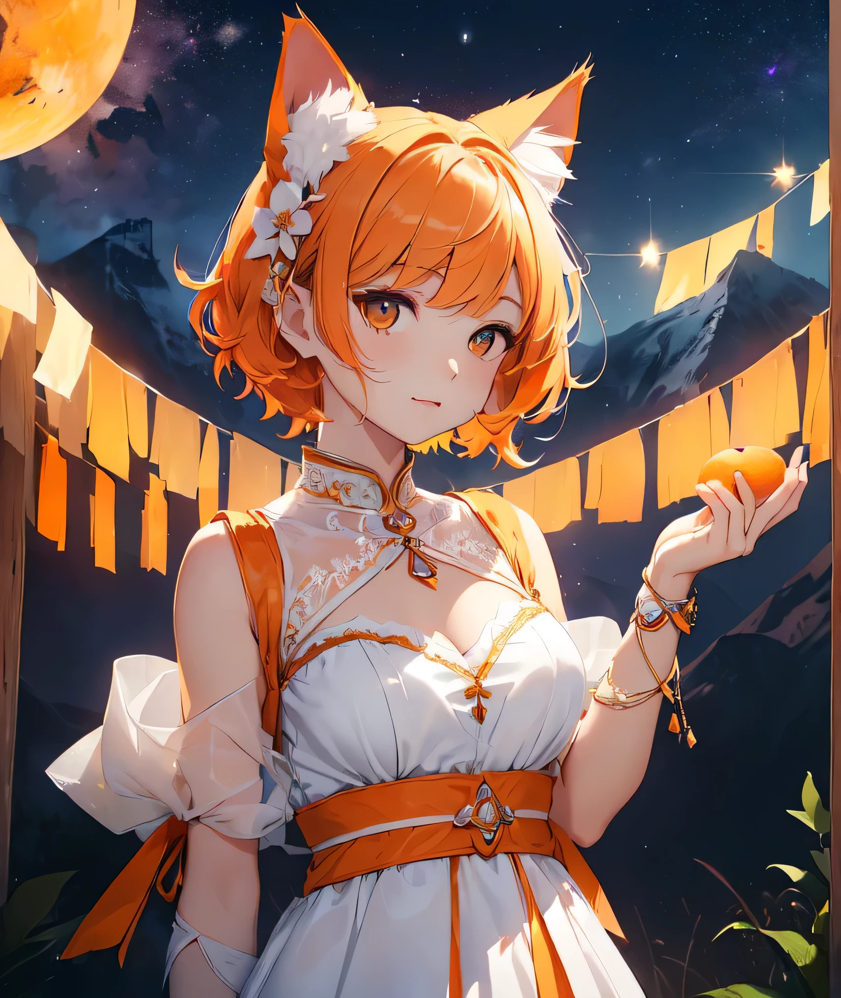beautiful and delicate girl, clear and beautiful, Make your character the main point of view, glowing skin, female, 20 years old, Short hair, shortcut, Short hair, Beautiful and delicate glass hair, ((greek costume, 2 Costume colors, white background, Orange 패턴)) ((Clothes color White background, Orange 패턴)) ((Double color, White, Orange)) ((Use only two colors of clothing, White, Orange))beautiful and delicate eyes, Orange 눈, moderate chest, Orange 눈, real skin texture, Very nice 8KCG wallpaper, Very cool 8K CG wallpaper, Watercolor (middle), female warrior, 연한 Orange 머리카락, (((upper body cut))), (((Cat's ears dark 노란색))), (((dark, dark 밤, midnight))) (((nature background, mountain, wood))), ((outdoors)) Introducing a pink peach in hand, friendly expression