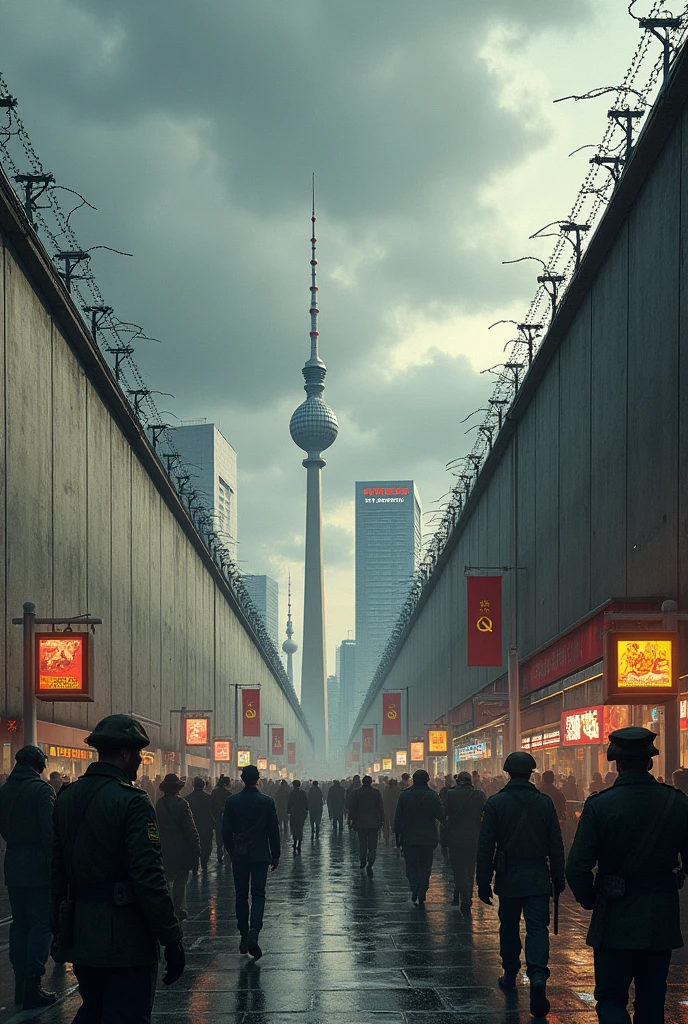 Soviet Union in its part of Berlin and the United States in its part of Berlin separated by the Berlin Wall