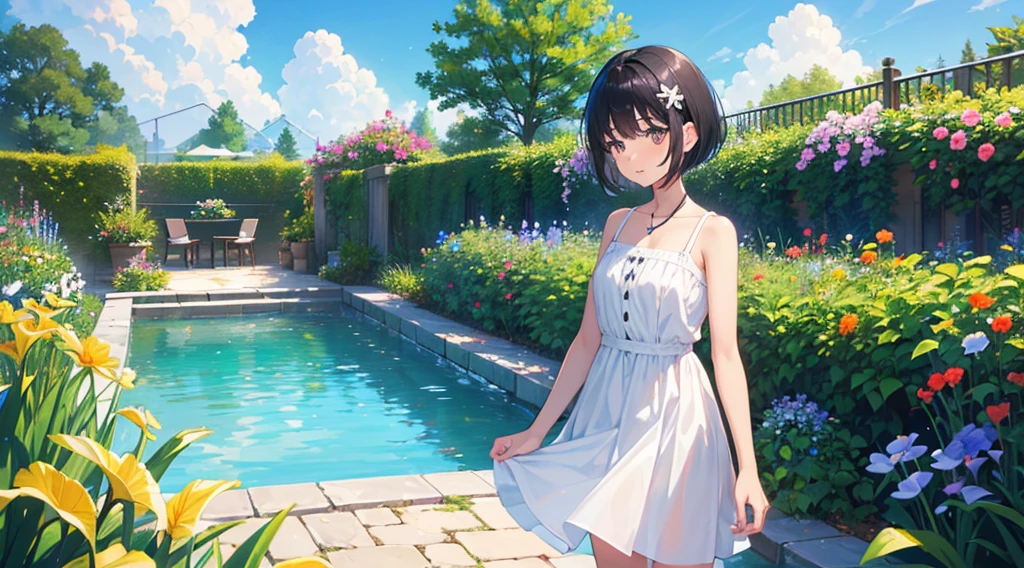(One person, Black Hair, short hair, Iris, White sundress, cute, cute), (Summer sky, stream, Shimizu, garden)