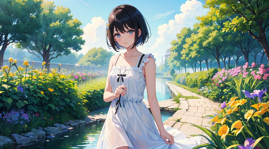 (One person, Black Hair, short hair, Iris, White sundress, cute, cute), (Summer sky, stream, Shimizu, garden)