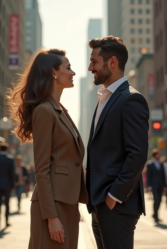 naughty man, walking backwards with a woman, on the sidewalk, chatting