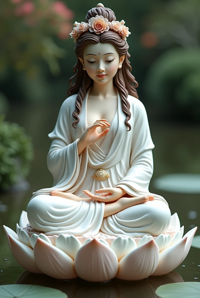 The four sufferings that humans experience in this world、The suffering that is born、The pain of growing old、The suffering of illness、The agony of dying、A statue of a bodhisattva that heals the four sufferings that each human being faces、Sitting on a lotus in a pond、I have a helping hand、His face is full of mercy、(brown hair, middle hair , wince, brown eyes, beautiful lip, smile, flower crown),