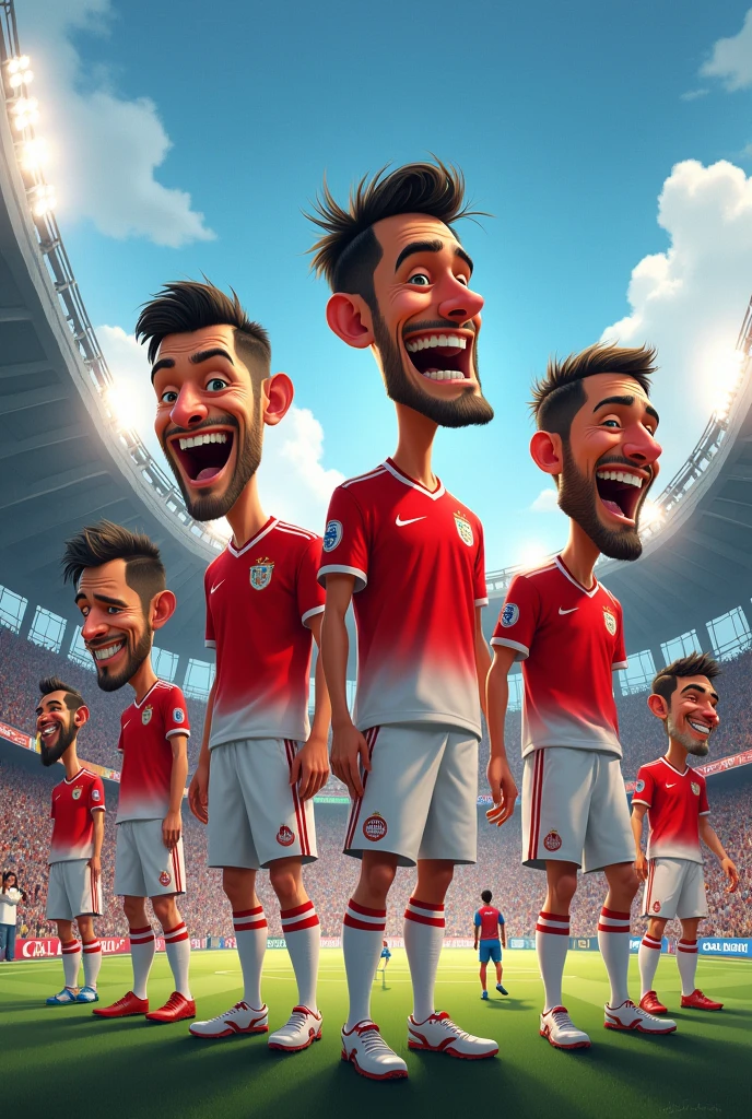 Create a caricature of the Indonesian national football team players wearing Indonesian jerseys in a large stadium.