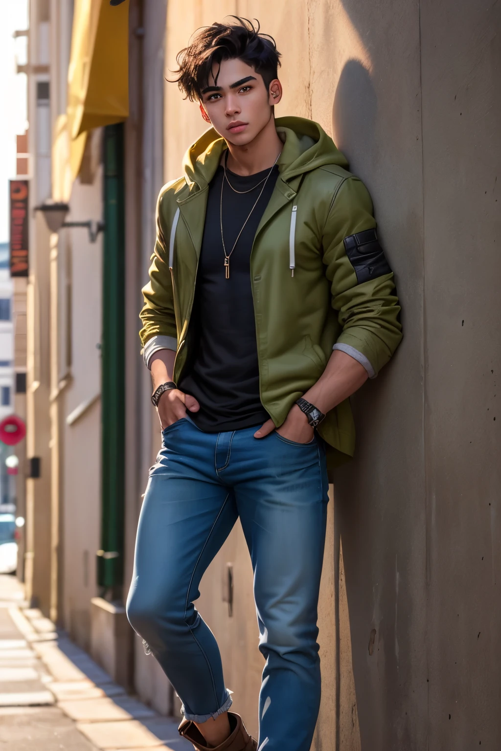 Solo, latino boy of 19 years old, tan skin, toned, lean, black hair, french crop hair, left eye green, right eye brown, indoors, standing, arms crossed, front view, leaning his back against a wall, serious, black leather jacket, an olive-green hoodie layered over a white shirt, distressed black jeans, and tan work boots. 