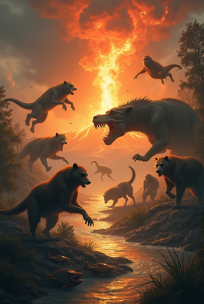 1 chicken 2 wolves 3 dinosaurs 1 giant monkey 2 bears a group of ugly fish fighting on a river bank with volcano and lava erupting fiercely 