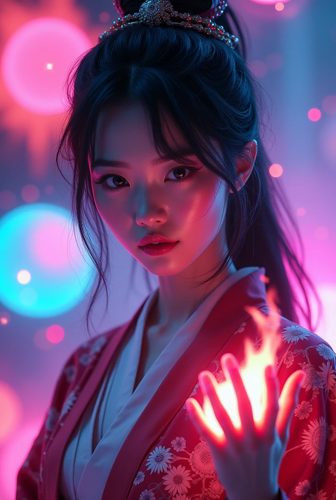 1 girl 20 years old, japanese Witch with a kimono neon lights on hands, Otherworldly themes with dark fantasy and ethereal fantasy, Bright core with lots of magic sphere backgrounds, fantastic realism, Best quality, Highest quality, 8K, absurd res, High quality epic, extremely detailed, Ultra Detailed Skin, Amazingly detailed, hyperrealistic, very high resolution, ultra photorealistic,