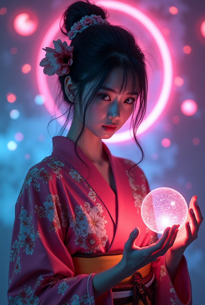1 girl 20 years old, japanese Witch with a kimono neon lights on hands, Otherworldly themes with dark fantasy and ethereal fantasy, Bright core with lots of magic sphere backgrounds, fantastic realism, Best quality, Highest quality, 8K, absurd res, High quality epic, extremely detailed, Ultra Detailed Skin, Amazingly detailed, hyperrealistic, very high resolution, ultra photorealistic,