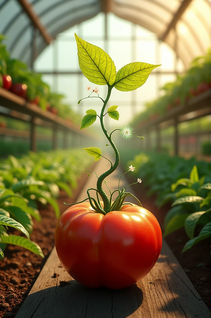Plant coming out of a tomato in a greenhouse