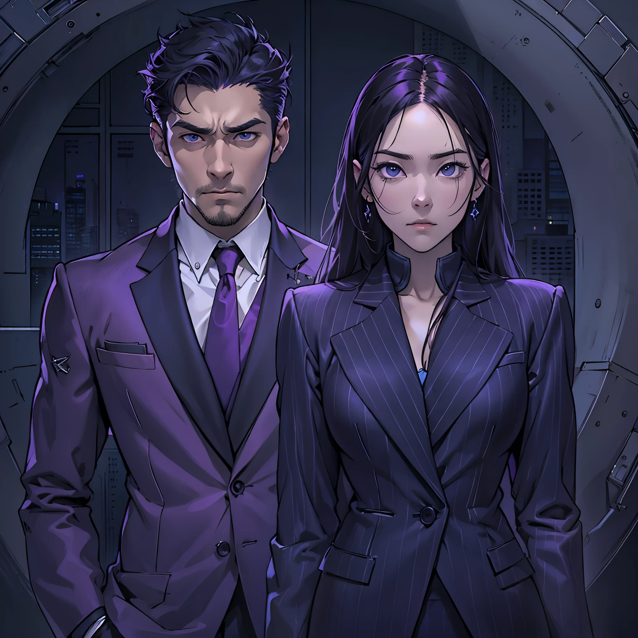 Inspired by the MBTI architect、A man and a woman in purple suits, staring intensely at the camera with serious expressions.。Create a mysterious atmosphere。