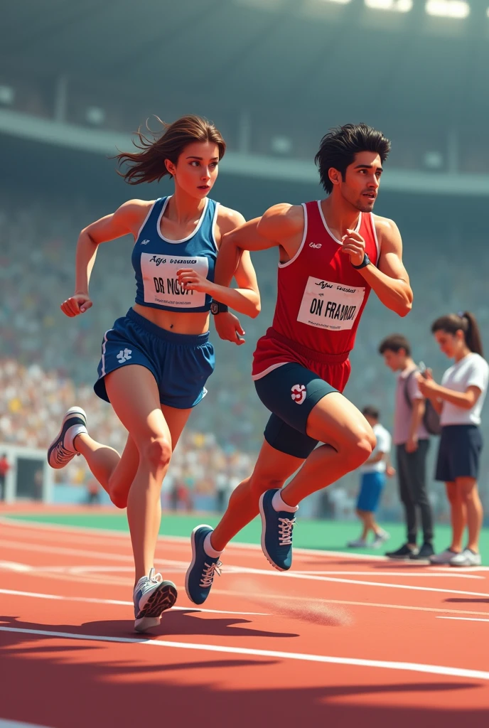 Claudia woman with brown hair and hair up and Ricardo man with black hair competing on the track. Claudia is running with effort and determination, while Ricardo, in the first place, He has a gesture of concentration, but with a partially hidden hand suggesting the use of the flask. The background shows Sofia watching closely, and Mario is taking notes or recording. All this located in the Olympics follows the line of previous photos put realistic characters 