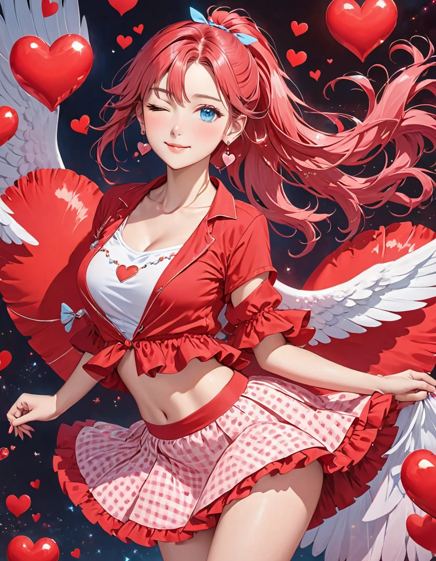 in red dress with heart shaped wings sticking out of her skirt, single girl, alone, one eye closed, jewelry, hair band, ponytail, pink  hair, heart, looking at viewer, blue eyes, long hair, earrings, short shirt, belly, red shirt