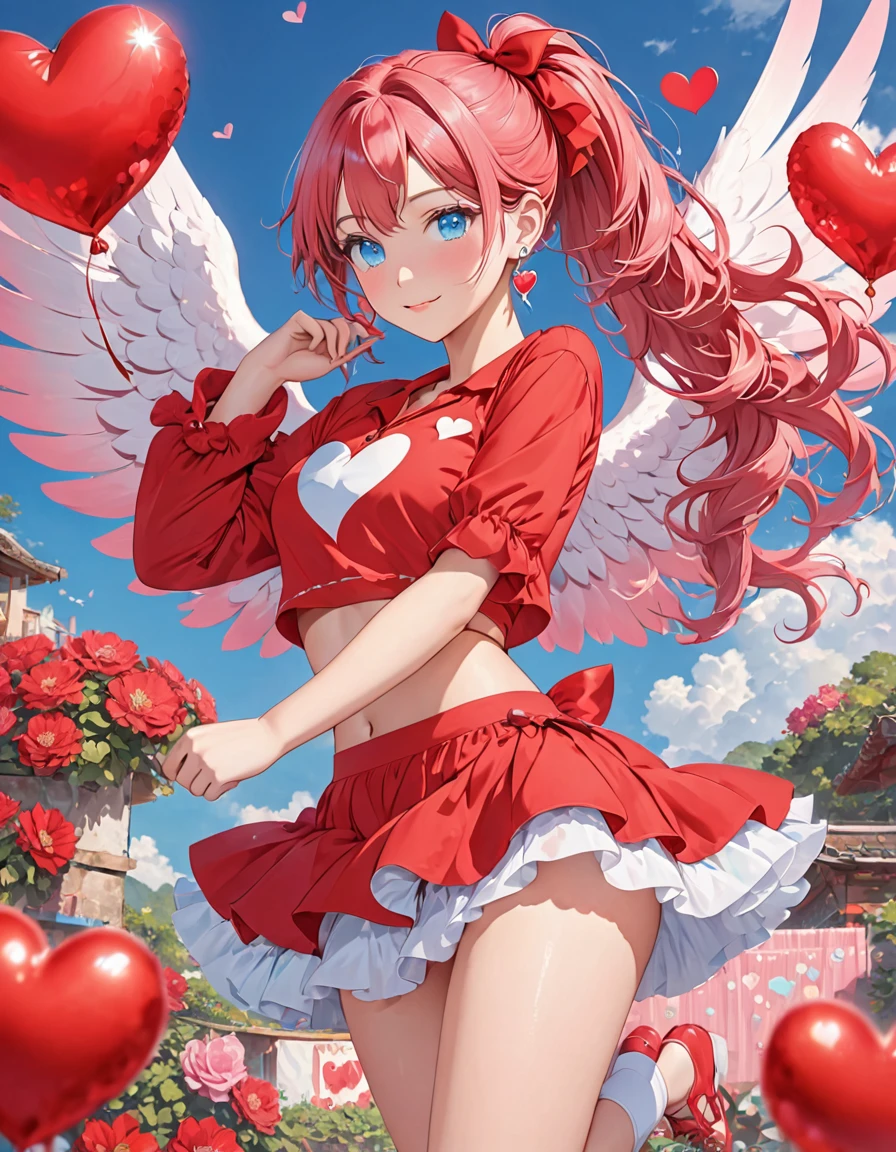 in red dress with heart shaped wings sticking out of her skirt, single girl, alone, one eye closed, jewelry, hair band, ponytail, pink hair, heart, looking at viewer, blue eyes, long hair, earrings, short shirt, belly, red shirt