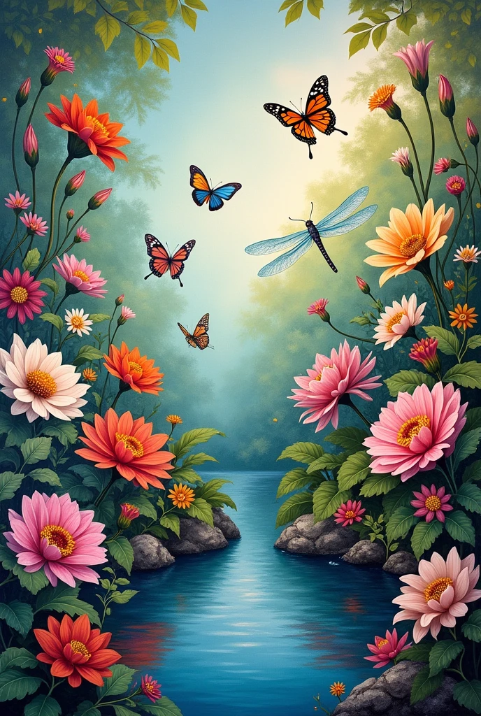 Mural painted with flowers, butterflies, dragonflies and a pool