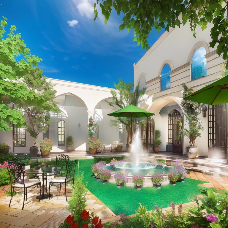 there is a courtyard with a fountain and tables and chairs, Beautiful images, courtyard, detailed rendering, 芸術的なrendering, rendering, digital rendering, Green Terrace, architectural rendering, a wide open courtyard in an epic, royal garden landscape, beautiful rendering, Senior Artist, cg rendering, a photorealistic rendering, 写真rendering, high quality rendering, 2D CG, Found photos