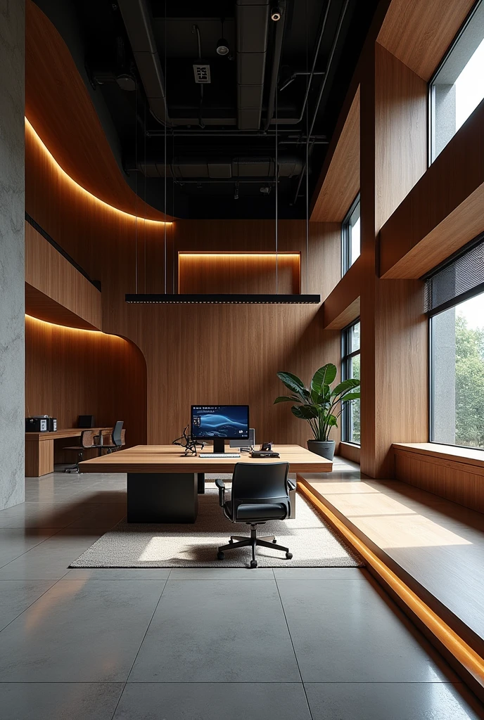 Professional architectural space photography，Future Corporate Office，technology，Minimalist industrial style，Walnut and black walls，Concrete top，Interior design master works，Fascinating light and shadow