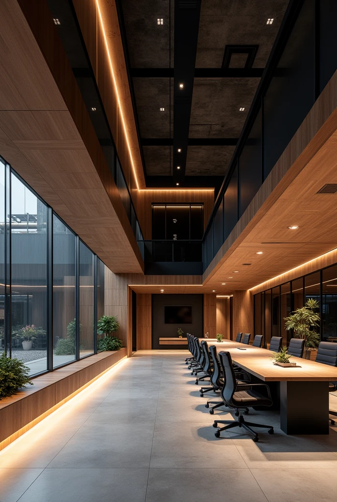 Professional architectural space photography，Future Corporate Office，technology，Minimalist industrial style，Walnut and black walls，Concrete top，Interior design master works，Fascinating light and shadow