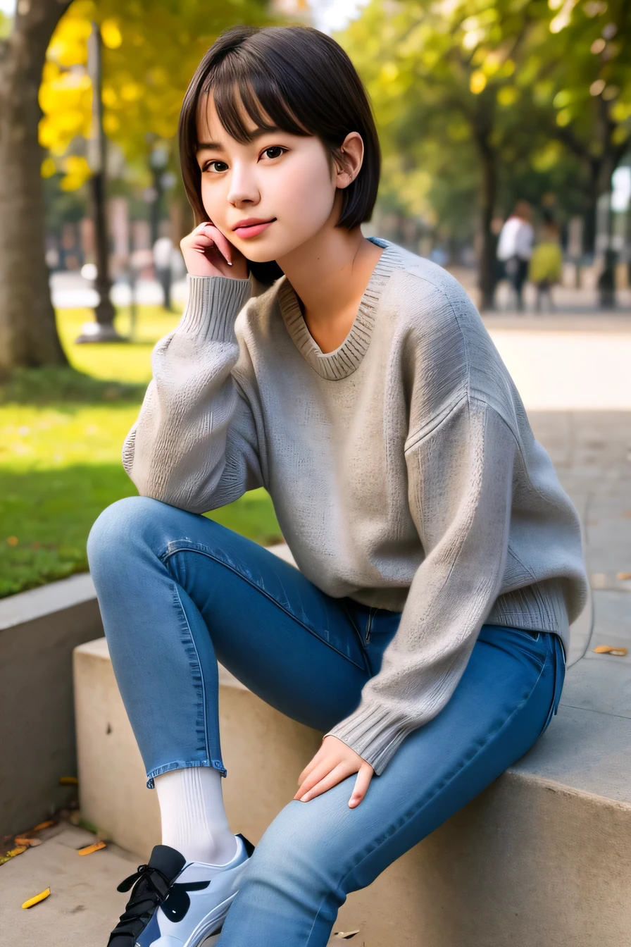 photograph, A 20-year-old girl is sitting in the park,One person,Wear a sweater, Short Haircut、Grey sweater, Skinny jeans、Black socks, Wearing sneakers,  High resolution, detailed, Realistic,High detailed