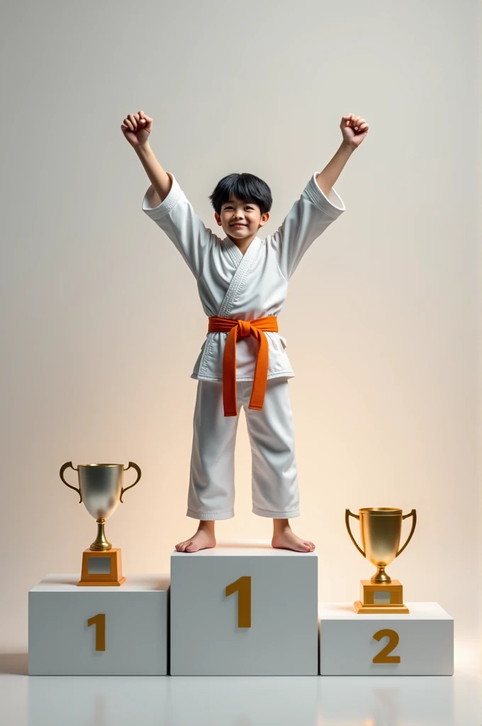 Young white man with slightly long black hair on the podium in first place in orange belt karate