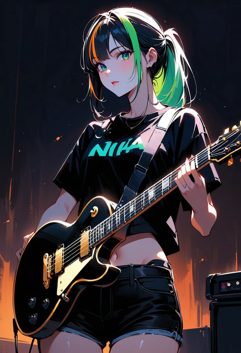 (highest quality:1.2, Very detailed, up to date, Vibrant, Ultra-high resolution, High Contrast, masterpiece:1.2, highest quality, Best aesthetics), Portraiture、girl、((20 years old:1.5)), solo, (slim:1.2), (black t-shirt), jeans shorts, crop top navel, playing electric guitar, gibson les-paul, rock musician, Bright colors、Beautiful fine details、green eyes, Beautiful lip detail、long hair, (ponytail:1.3), green and yellow green hair, (streaked hair:1.6)), highlights hair: 1.5, (small breast,:1) (tan skin:1.3), on stage, live music club, consert hall, night time, spot light, ((cowboy shot:1.5)), look at viewer, facing viewer