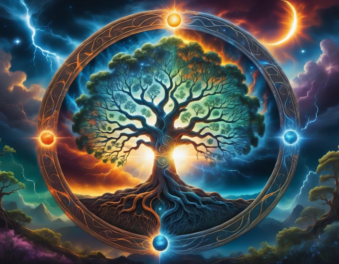 A painting of a tree with the sun and the moon in the background, Cosmic Tree of life, Cosmic Tree, the world Tree, tree of Life seed of doubt, world Tree, tree of Life, Magic Tree, Magic Tree, the tree of Life, Fractal Thunder - Dan Mumford, Fantasy tree, mystical landscapes, Art, Yggdrasil. Representatives of the four elements of nature.