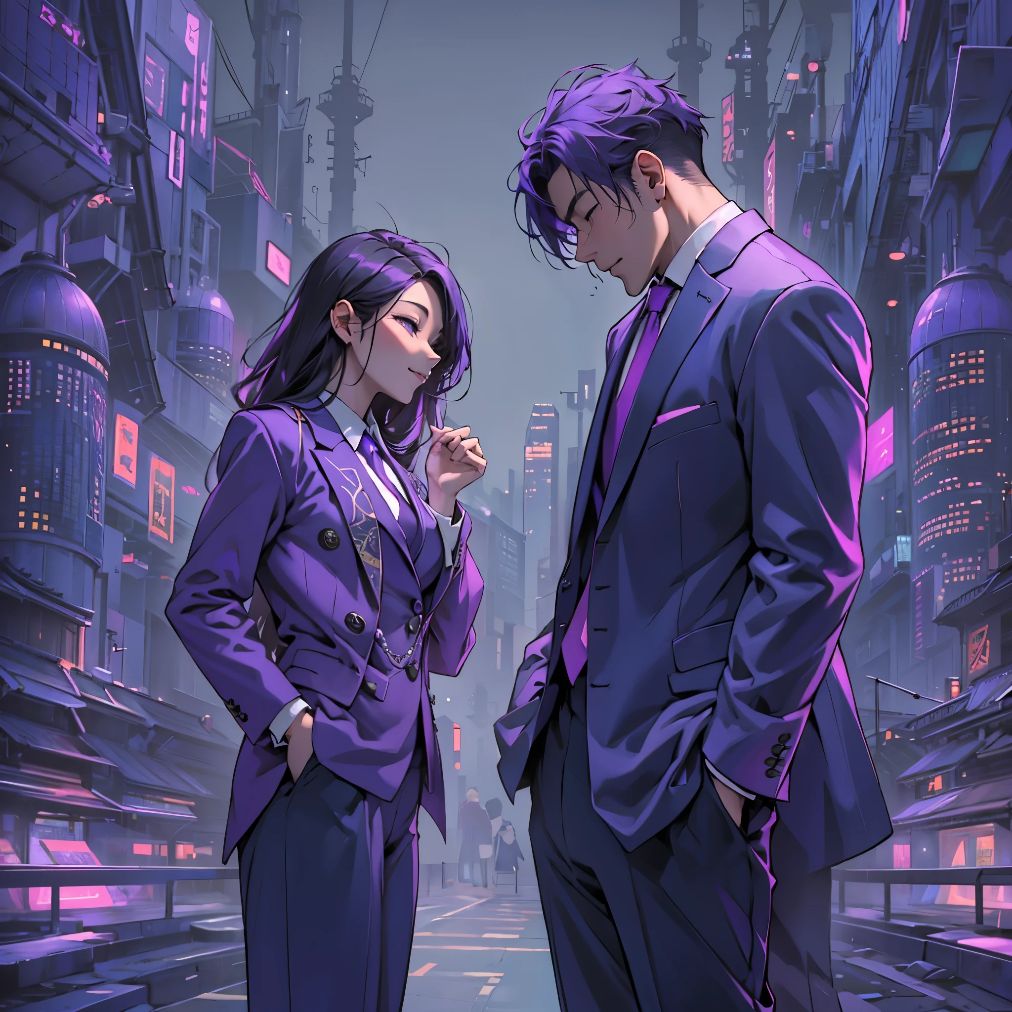 Inspired by the MBTI architect、A man and woman in purple suits who are embarrassed and happy。Create a mysterious atmosphere。