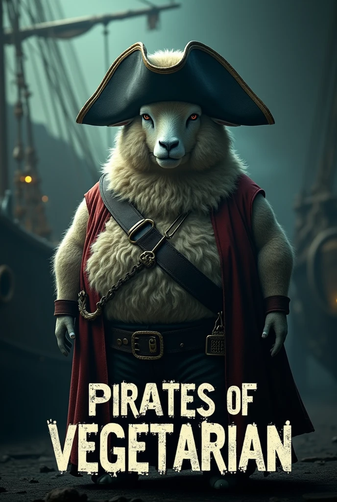 Create a cinematic poster featuring photorealistic portrait of Dressed animals - a ((fat)) sheep pirate, , wearing  pirate costume and  pirate hat , with a serious, intense expression, He should be slightly off-center in the composition, The background should be dark and gritty, pirate's ship with smoky or grunge textures, Use a color scheme of black, deep blues, and dark greens, with subtle silver or gold accents to capture the show's mood, At the bottom of the poster, place the text "PIRATES OF VEGETARIAN" in large, bold, distressed letters, in a sans-serif font. The text should have a cinematic style, with slight shadow or glow effects to make it stand out against the background.