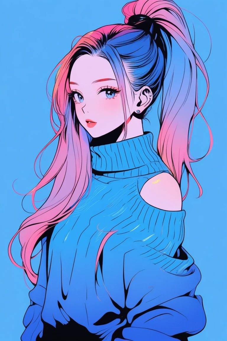 Illustrator, anime , Realistic ,sketch , 1 person, ,lip, Off-the-shoulder sweater, whole body, order, Blue gradient background, Neon long ponytail hair,(((There's a black cat on my shoulder))), Texture Trim, Canadian, (masterpiece,Highest quality)