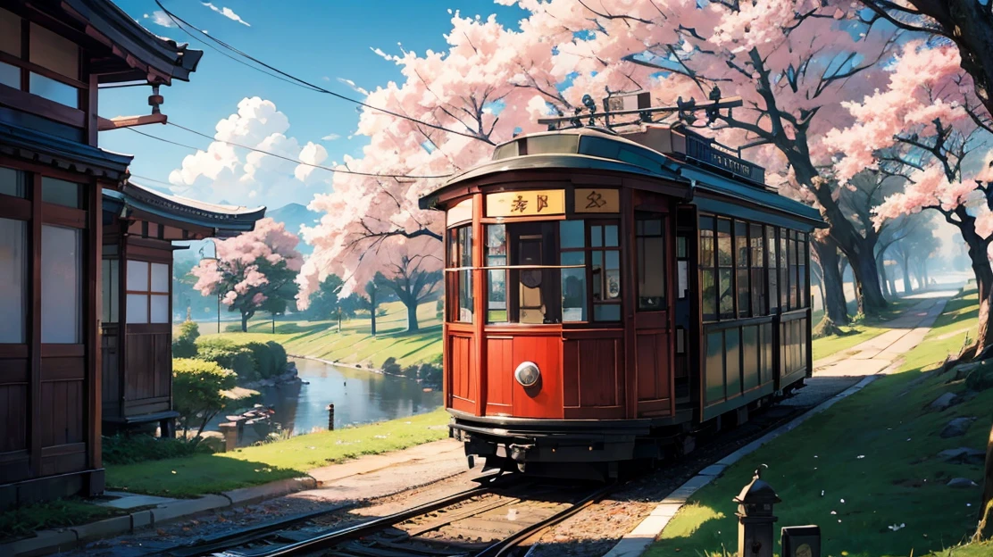 landscape，Japanese style，tram，There are beautiful cherry blossoms on both sides\(Cherry blossoms gradually fall)，There are two figures in the distance\(a boy，A girl)，Wind blowing through the grass，绝美landscape，Japanese style，Detail control，Professional perspective，masterpiece，（Very detailed wallpaper），（best quality）