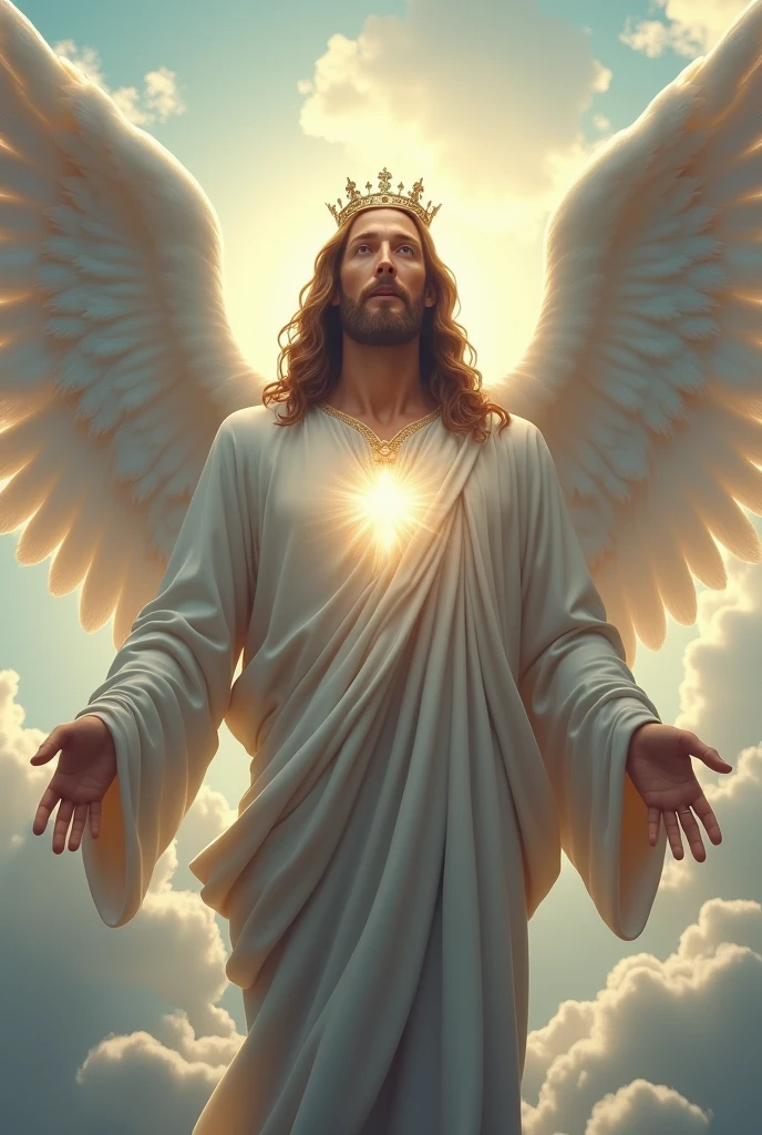 (photorealism:1.2), handsome Jesus Christ, floating in the sky with bigger white wing behind, the light in his head and heart sparkling all over, wearing the king gray color of clothes and crown in the clouds of heaven, elegant king clothes, long nice hair, outdoors, soft lighting, five fingers, two hands, clouds and blue sky in a background, brighter sunlight, perfect face of Jesus Christ, relaxed pose, realistic, intricate details, warm colors,