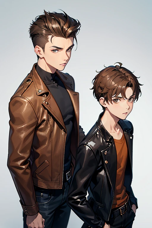 a 16-year-old boy, light brown hair short on the sides and long on top with a pompadour, brown eyes, brown t-shirt, black leather jacket with a golden cross, blue jeans, looking in profile directly at the viewer, white background