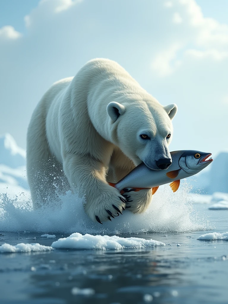 Polar bear eating fish,8k,Resolution 16:9
