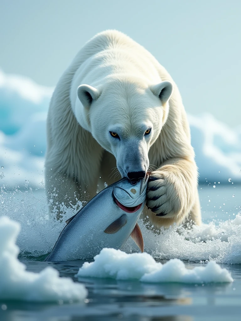 Polar bear eating fish，8k，Resolution 16：9