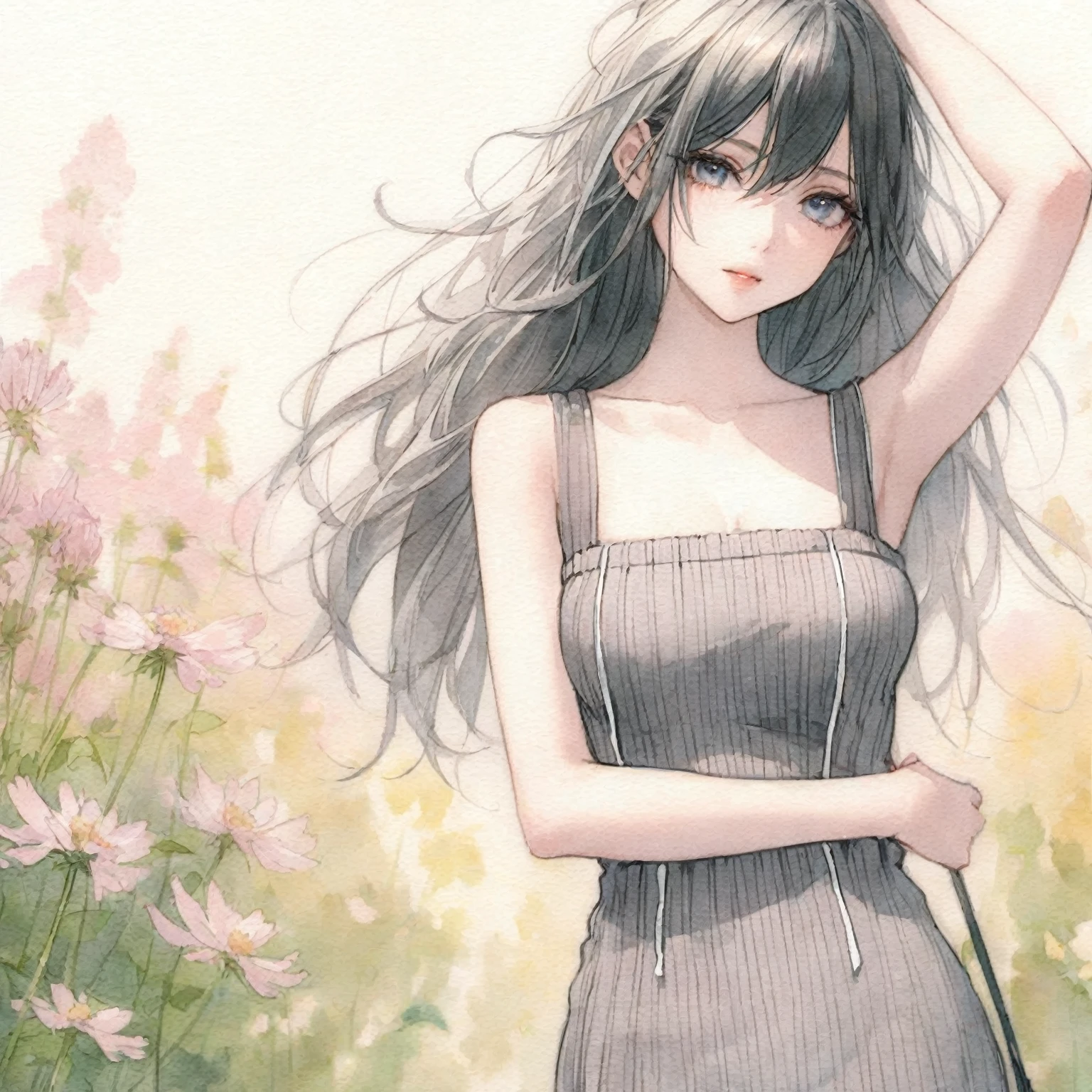 Official art using high-quality hand-drawn watercolor sketch techniques. (best quality,4k,8k,highres,masterpiece:1.2),ultra-detailed,beautiful detailed eyes,A girl with beautiful eyes, everyone, beautiful anime girl, cute anime girl, smooth anime art, anime style, elegant colors, soft lighting, delicate beautiful eyes, very coquettish, (beautiful large breast:1.2), (correct hands:1.2),