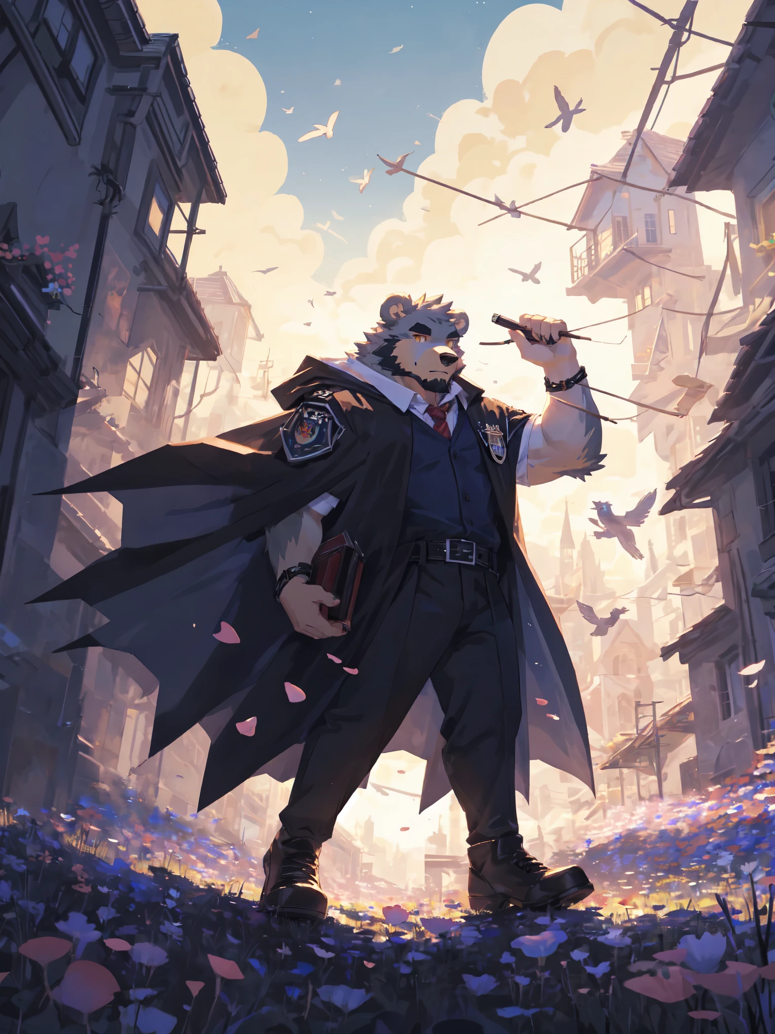 ultra-detailed,extremely detailed and beautiful, sky and white cloud and sunset glow background,ultra-detailed birds, (floating city in bloom, Floating petals, blooming gardens in the sky, many vines on the wall:1.2),Imagination,(masterpiece:1.2), best quality,pixiv,official art,perfect anatomy, (Ray tracing, light),solo, (1_male:1.3) , (muscle), (grey fur:1.4), (muscle bear), (beard:1.2), (gleaming golden eyes), bear tail, full body, Thick black eyebrows, Harry potter style,WIZARDRY UNIFORM,HOGWARTS,cloak,cardigan,shirt,black suit pants,black boots,full body,(pure white background: 1.3), looking at viewer,dynamic pose