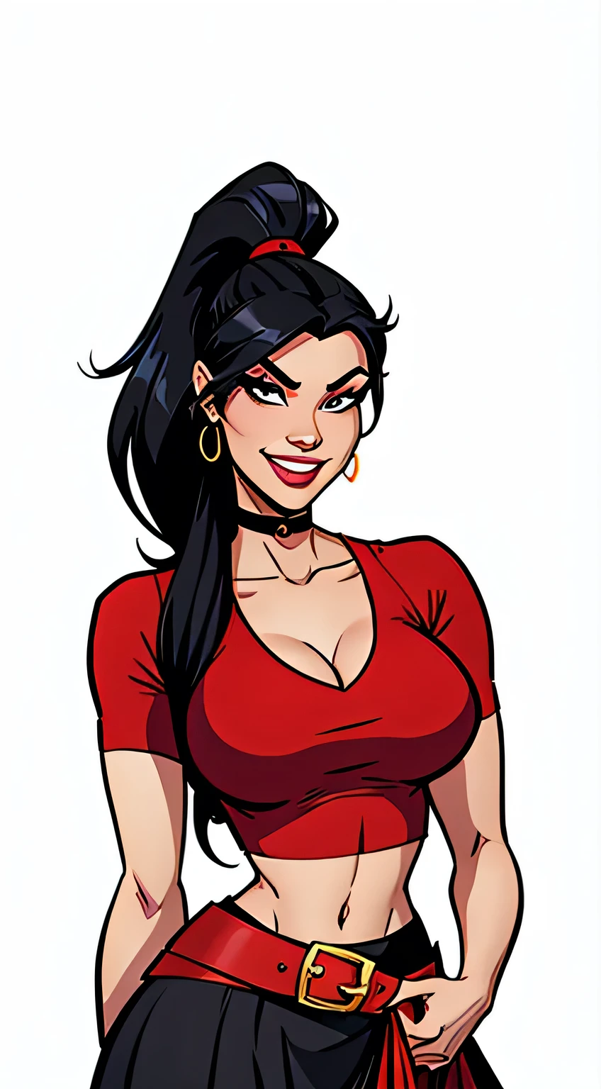 Thin woman (Elexis Sinclaire), beautiful smiling, seducing gaze, red v-neck t-shirt, black belt on red midi skirt, white peel split no color, necklace with green jewel, Bblack hair (80’s) with ponytail, eyes browns, busty. comic style, white background.