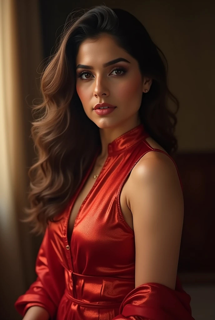 huma qureshi Indian beautiful woman sexy size hour glass figure, (wearing tight shiny satin kurta), (glossy satin clothes) transparent sleeveless, tight Divine satin Dupatta Dress, eye contact camera view, different style standing position, different style hairstyle, bright eyes, thin eyebrows, fair skin, blushing cheeks, background and location, ultra realistic skin texture, head to Thai close up view, smile face, shadow lighting effect