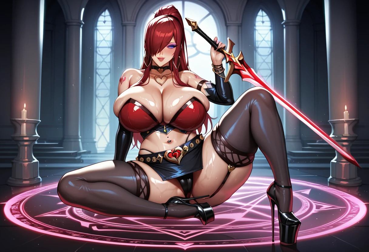 Erza, red hair, ponytail, piercing gaze, navel, strapless red crop top, tight black mini skirt, latex black skirt with straps and cutouts, chains, chain belt, skindentation, lace trim thighhighs, lace trim arm sleeves, thick red platform heels, collarbone, oiled skin, 1girl, bare shoulders, midriff, cleavage, thin, hair over one eye, huge breasts, wide hips, bursting breasts, long hair, animerza, looking at viewer, puckered lips, purple eyes, masterpiece, best quality, room, big breasts, cleavage, blush, multiple hoop bracelets on both arms, pink heart hoop earrings, heart necklace, naval heart piercing, upper arm bands, heart choker, slut tattoo, tattoo above breasts, heart womb tattoo, sitting on legs, holding a great sword behind head with both hands, on a stone table with golden trim and magic circle, guild background with plenty of tables
