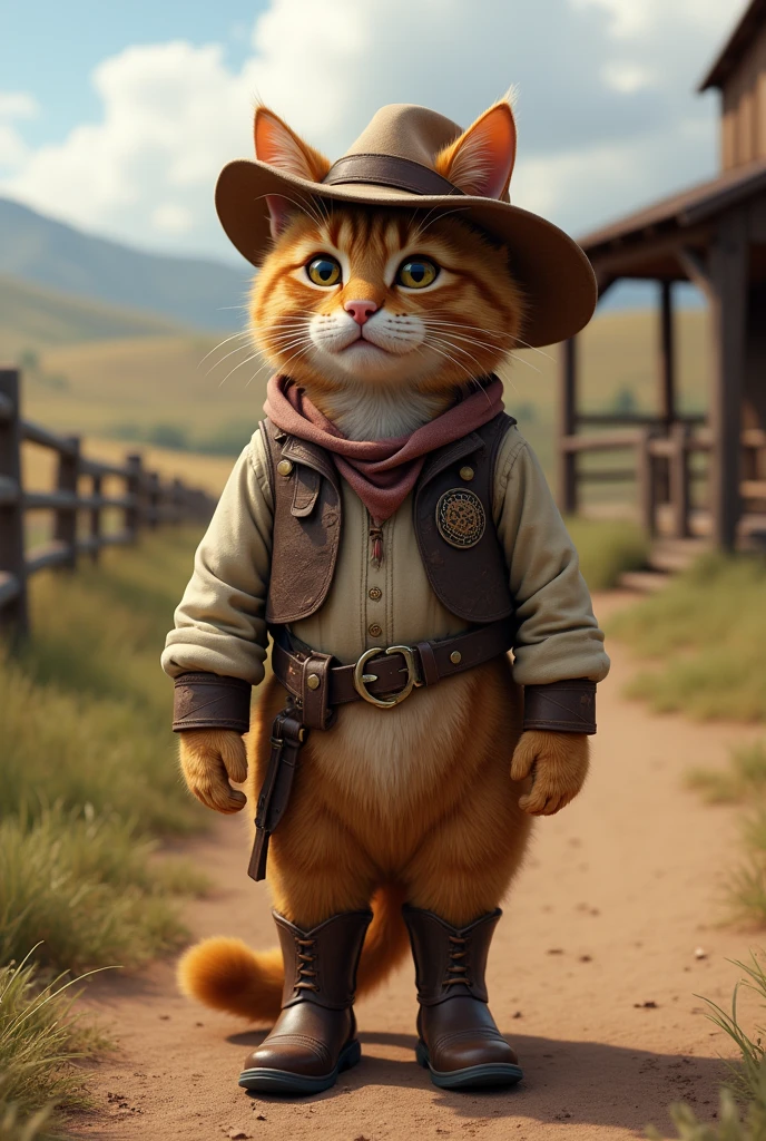 A cat wearing boots and a hat on a ranch