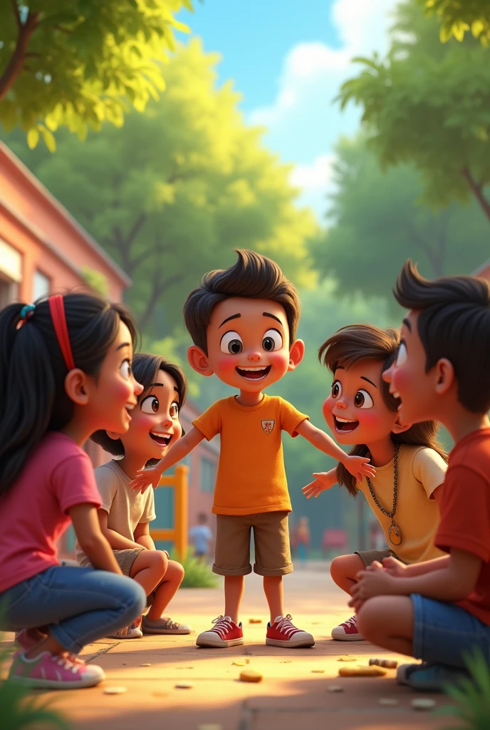 Description: Tomás is surrounded by his new friends in the school yard after the presentation, everyone laughing and talking.
Visual Elements: Group of children including Thomas, enjoying time together, with smiles and relaxed postures.