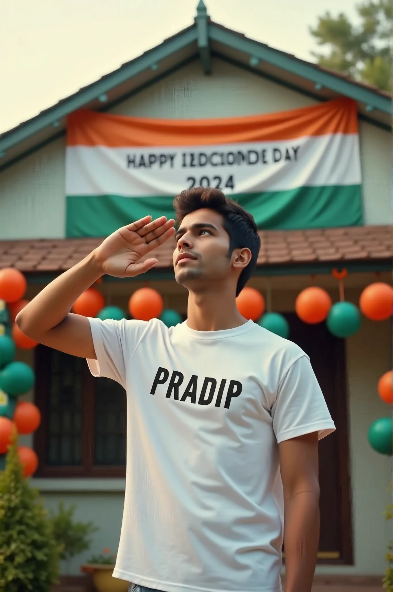 A real 20 year old boy , wearing a white "PRADIP" T-shirt stands in front of a house decorated with Indian flags and tricolor balloons, saluting for an upcoming Independence Day celebration. The house has a large banner that reads "HAPPY INDEPENDENCE DAY 2024 and make sure text should be correct.