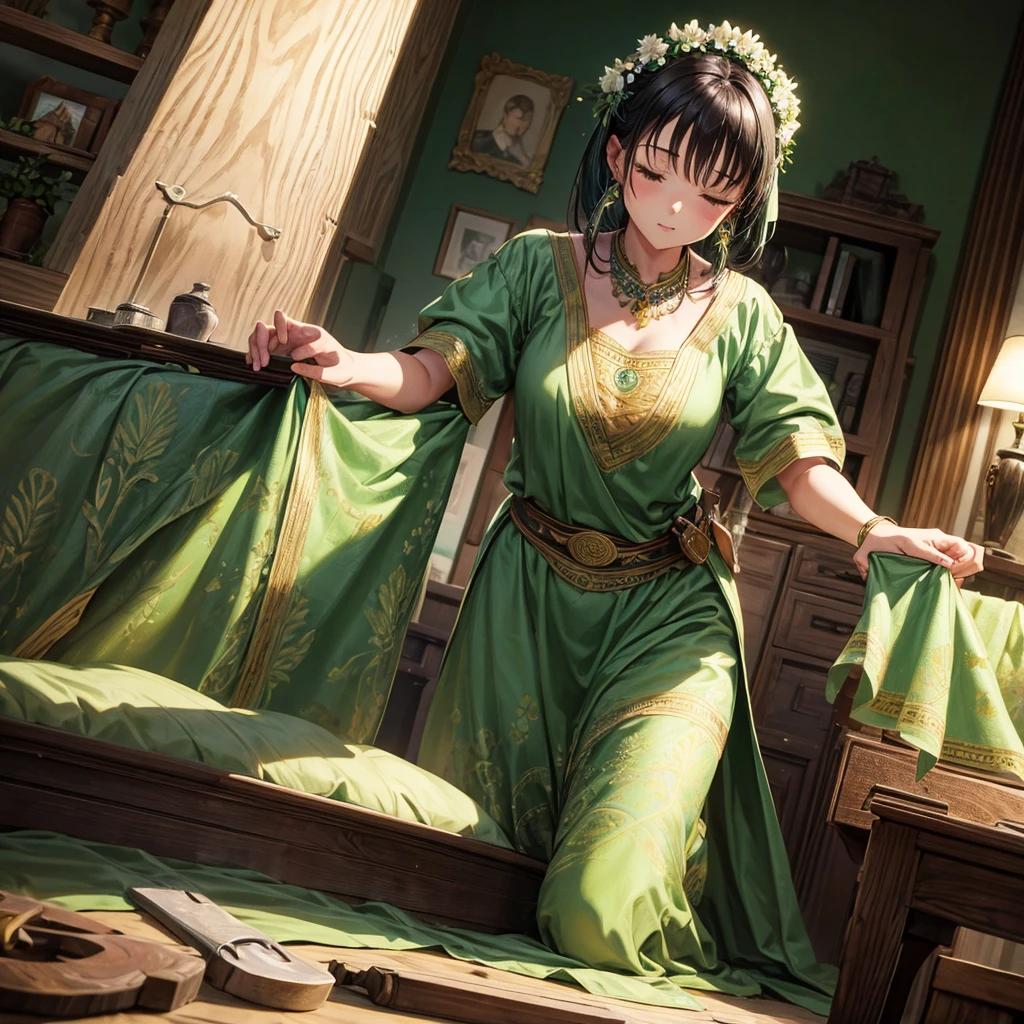 A woman, Ancient costume in green color and flowers drawings,making a bed,tool set, Ancient room
