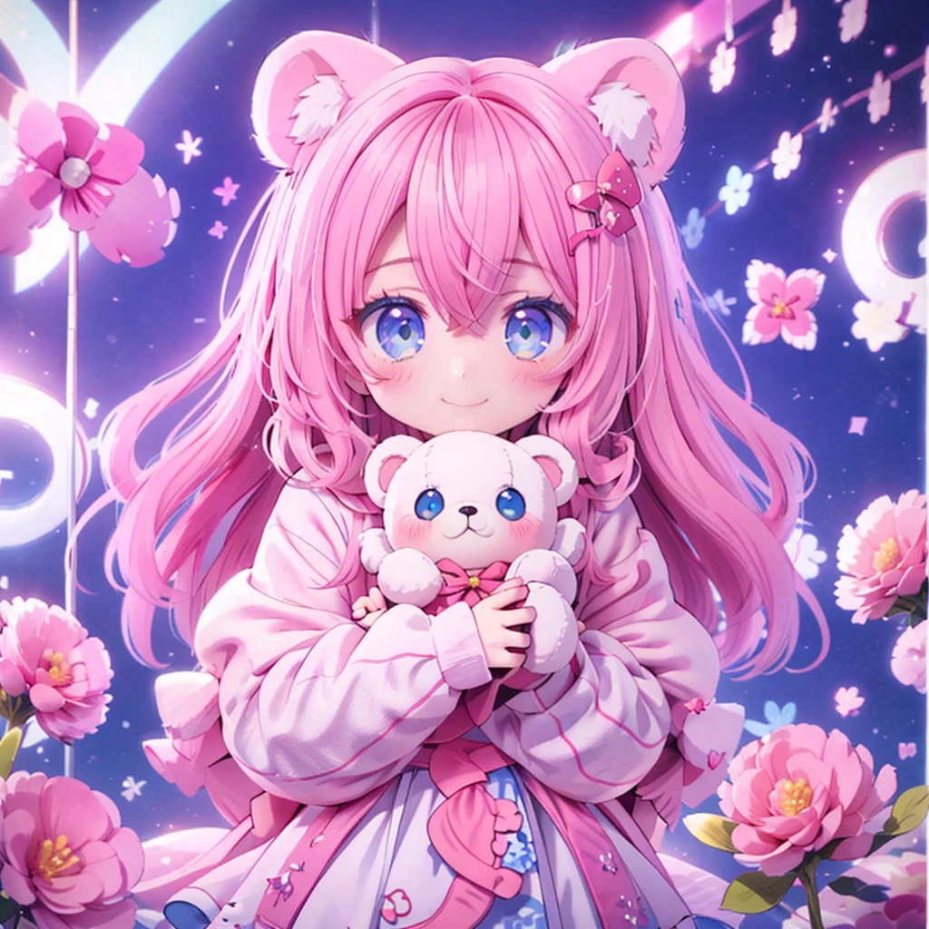 Digital art style，Big Head，Baby pink hair，cute瞳，Adorable smile，Ezvian everywhere、Pure、hoodie fashion，Pure，cute，cute，teddy bear🧸，fluffy，Rosy Cheeks，Flowers shine，blue sky，Fantasy World，Written boundary depth_shallow