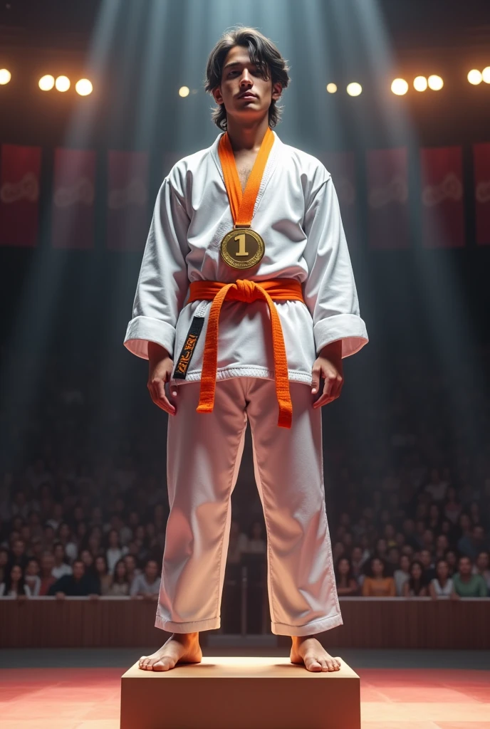 Young white man with slightly long black hair on podium with first place medal in orange belt karate