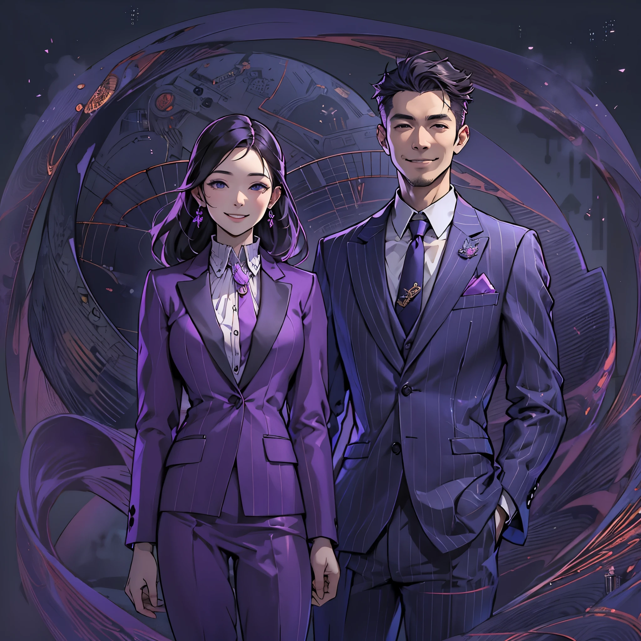 Inspired by the MBTI architect、A man and woman in purple suits smiling kindly。Create a mysterious atmosphere。