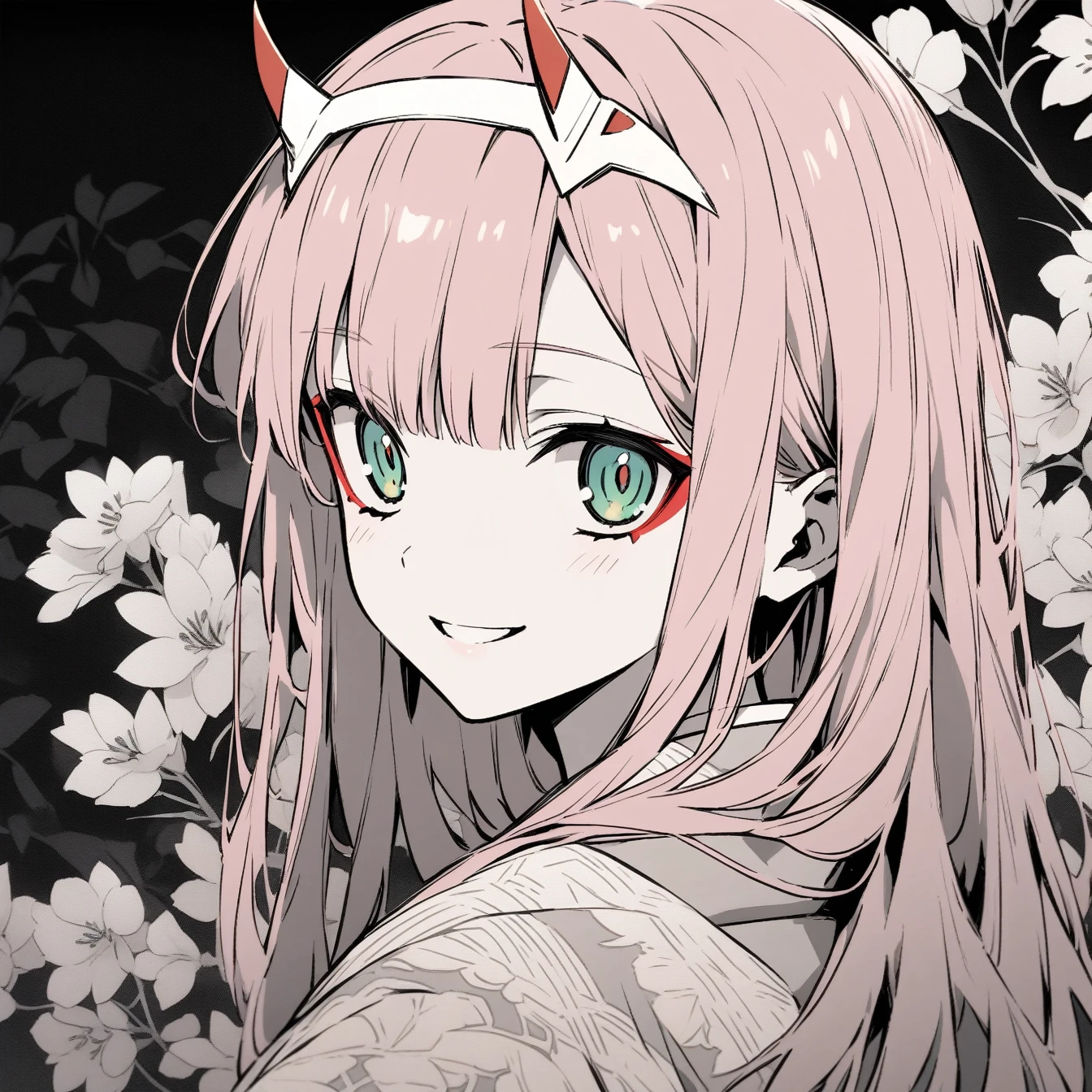 Beautiful anime portrait,Black gray monochrome,Oriental Wallpaper,pink,Feel,very anime style,1girl, zero two \(darling in the franxx\), darling in the franxx,Flowers,close up,Soft Light,Rich in details,Smile,Kimono decoration,Background blur,鲜艳的颜Feel深沉,front,Green eyes,Pink Hair
