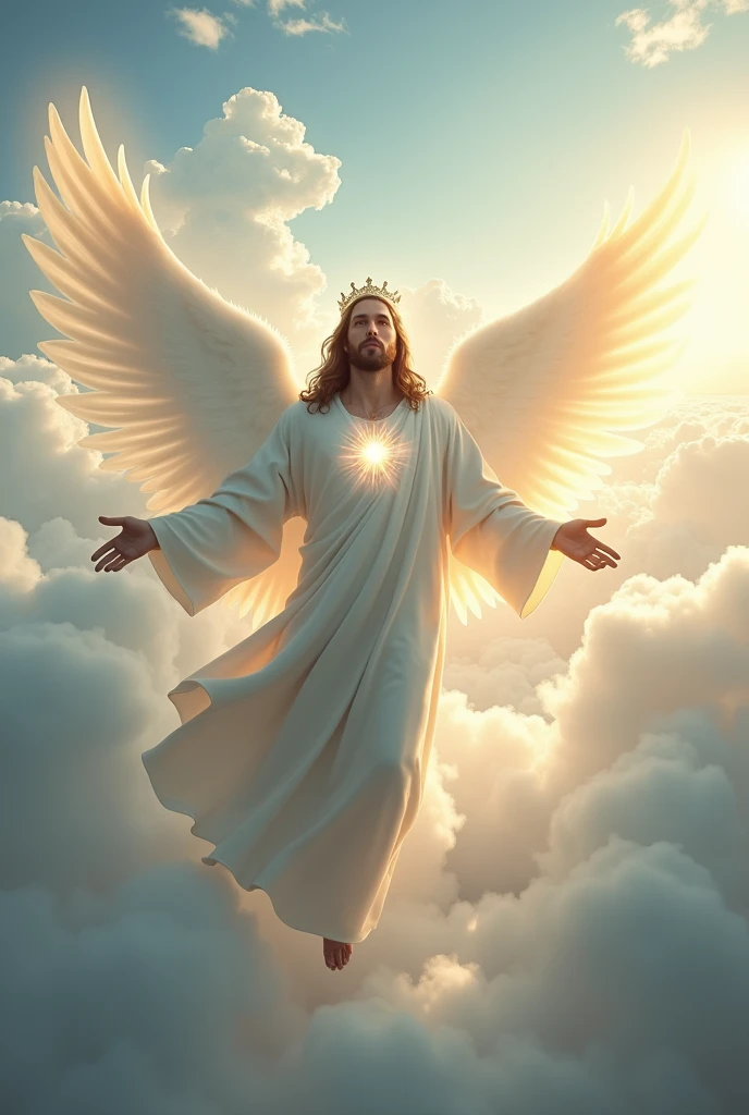 (photorealism:1.2), handsome Jesus Christ, floating in the sky with bigger white wing behind, the light in his head and heart sparkling all over, wearing the king gray color of clothes and crown in the clouds of heaven, elegant king clothes, long nice hair, outdoors, soft lighting, five fingers, two hands, clouds and blue sky in a background, brighter sunlight, perfect face of Jesus Christ, relaxed pose, realistic, intricate details, warm colors,