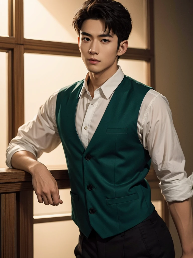 1 Handsome chinese slim guy, 20 years old, Hair combed smoothly, Real life adaption of this character, his name is Yamato from anime Naruto,handsome face, realistic same brown hair,There is a plate iron on his head, realistic same outfit wear thick green vest,hyper realistic, realistic background , realistic light, realistic shadow, realism,(photorealistic:1.2),
