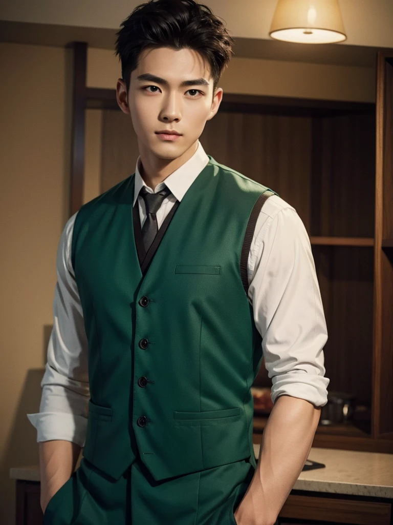 1 Handsome chinese slim guy, 20 years old, Hair combed smoothly, Real life adaption of this character, his name is Yamato from anime Naruto,handsome face, realistic same brown hair,There is a plate iron on his head, realistic same outfit wear thick green vest,hyper realistic, realistic background , realistic light, realistic shadow, realism,(photorealistic:1.2),