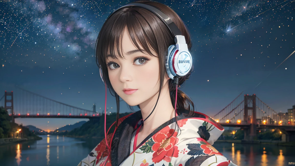 (Highest quality, 8k, masterpiece, High resolution), (whole body), Vibrant colors, ((headphones, wearing headphones)), Brown-black bob, Traditional round topknot, Ample breasts, (Highly detailed face and eyes, Beautiful Face, Beautiful Eyes, Beautiful nose, Pretty lips), (Beautiful woman standing on a riverside observation deck), A friendly gaze, Oh! Facial expression that, (Vivid floral patterned kimono), Official Art, The background is a wide river, Nearby bridge, Riverside streetscape, Mountains in the distance, ((night, starry sky)), Detailed CG,