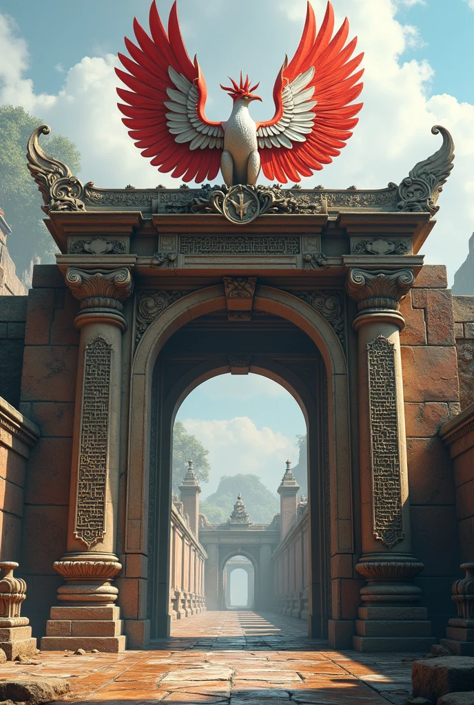 CITY GATE WITH THE WRITINGS 02 03 RED AND WHITE GARUDA